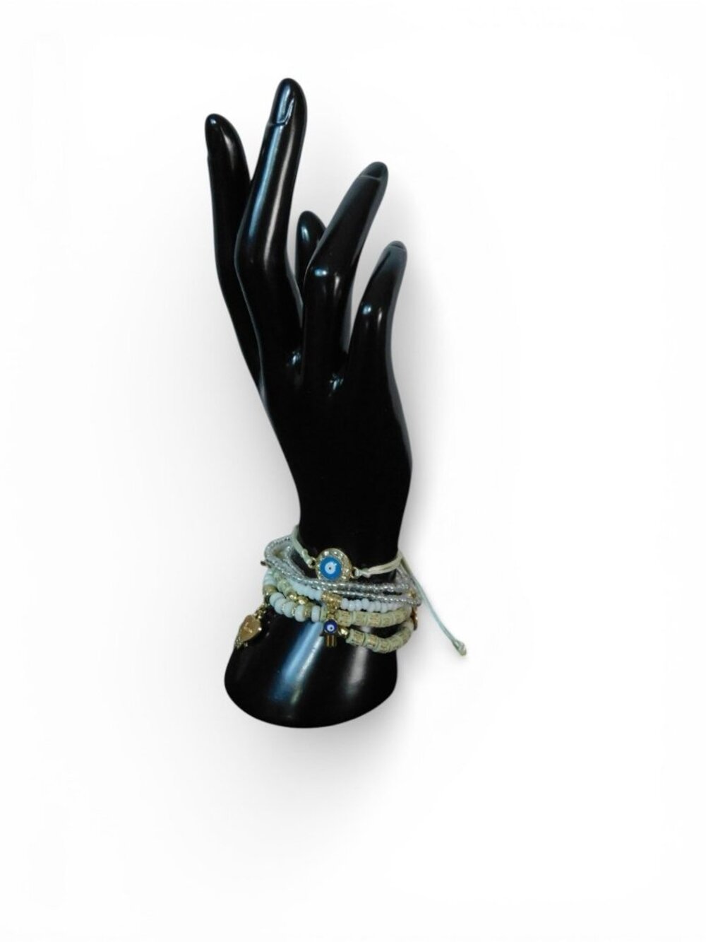 Evil Eye Beaded Bracelet Set With Hamsa Charms & Adjustable Cord - White & Gold - Picture 4 of 8